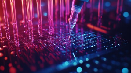 Illuminated laboratory scene showcasing precision pipetting on a microchip, emphasizing the intersection of technology and science with vibrant, futuristic lighting
