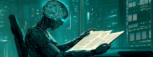 Naklejka premium Futuristic Robot Learning from Printed Text