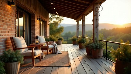 A rustic porch at sunset features wooden furniture with cushions, round table, potted plants, hanging lanterns, and string lights. Warm lighting and scenic view create a serene and inviting atmosphere