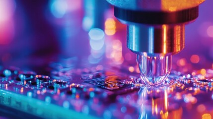 Close up of a high tech machine applying liquid onto a microchip, showcasing advanced technology in electronics manufacturing with vibrant, colorful lighting reflecting innovation