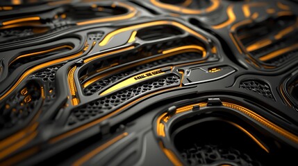 Fototapeta premium Abstract technological design, dark gray, orange, close up