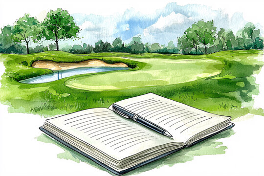Watercolor painting featuring a golf course and an open notebook with a pen.