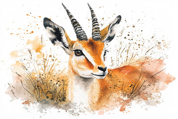 Watercolor painting of a graceful gazelle with long, striped horns, resting amidst tall, dry grasses and artistic splatters.
