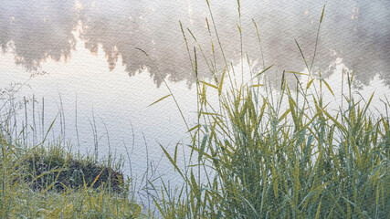 Blurry image of a lake with a few trees in the background