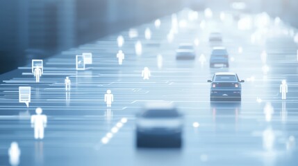 Futuristic Digital Road with Cars and Icons Flowing