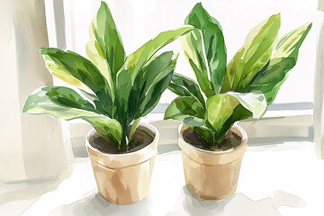 Fototapeta premium Two potted plants with green and white leaves sit on a bright windowsill, depicted in a watercolor style.