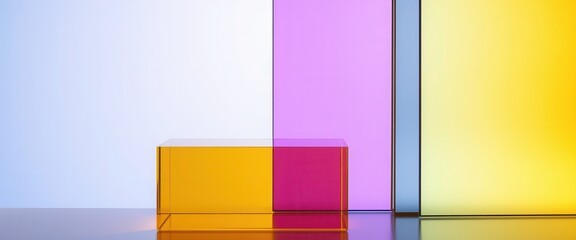 Fototapeta premium Colorful translucent glass panels, minimalist geometric background. Gradient of light tones of yellow, blue, violet and orange. Copy space
