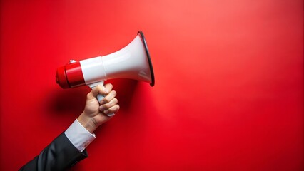 Hand holding a megaphone for marketing and sales promotions, symbolizing communication, advertising, and outreach.