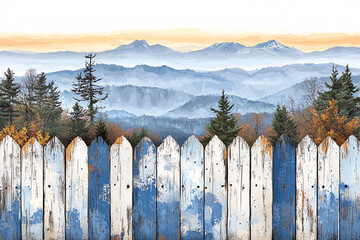 Obraz premium Faded blue and white fence overlooking a misty mountain range and autumn trees.