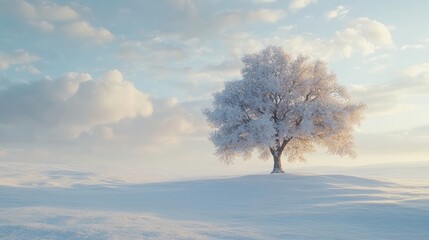 A photo of a lone tree standing in a snow-covered field, its branches heavy with snow.