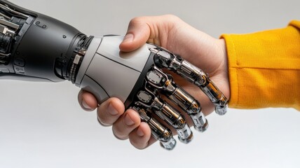 A human and a robotic hand shake, symbolizing collaboration between technology and humanity.