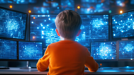 A child in a bright orange sweater sits at a desk surrounded by multiple glowing screens displaying intricate data visualizations during nighttime