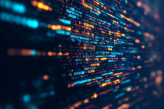 Colorful binary code flowing on dark background, representing data stream, cybersecurity, and programming