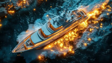 Luxury yacht fleeing fiery ocean disaster at night