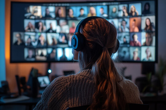 Woman wearing headphones attending online meeting with diverse colleagues on a large curved monitor - Powered by Adobe
