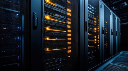A close-up view of a modern data center featuring illuminated server racks, showcasing advanced technology and organized hardware.