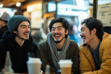 Fototapeta premium Three cheerful male friends enjoying a relaxing time together, sharing laughter and conversation in a cozy cafe