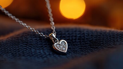 Fototapeta premium Heart pendant necklace, bokeh lights, fabric, jewelry