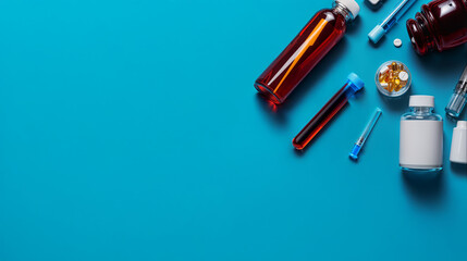 A collection of tubes and supplies arranged on a blue background.