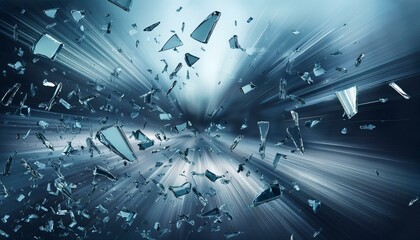 broken shattered glass shards flying through the air like confetti against a blurred dimentional background