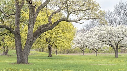 Obraz premium Spring park trees blooming, green grass, overcast sky, nature scene