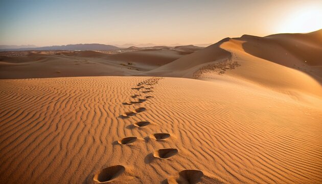 A minimalist conceptual photo depicting faint leopard paw prints gradually dissolving into the wind-swept sand, symbolizing the species' endangered status. The color palette is warm and muted