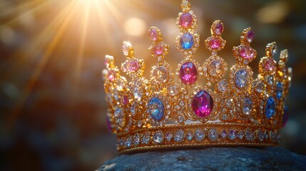 Obraz premium Sunlit jeweled crown outdoors, bokeh background, royalty