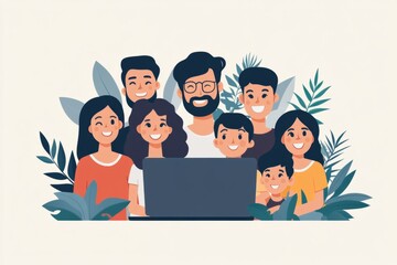 Fototapeta premium Happy family members smiling and posing together behind a laptop with tropical leaves background, enjoying time together
