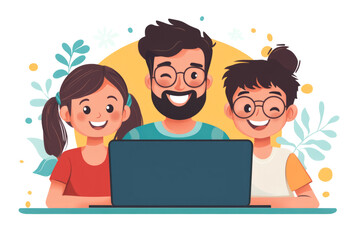 Father and children using laptop, smiling and enjoying online activity together