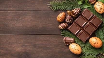 Chocolate Candies And Easter Eggs With Green Sprigs On A Wooden Background With Space For Text.