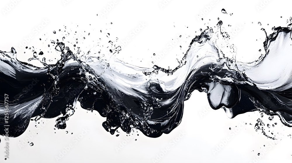 Poster Dramatic black and white abstract image showcasing the dynamic movement and flow of liquid with splashing shapes powerful energy and a minimalist modern design