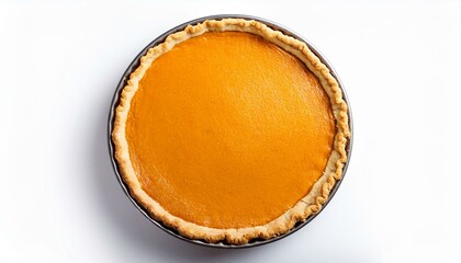 whole round pumpkin pie on white isolated background top view