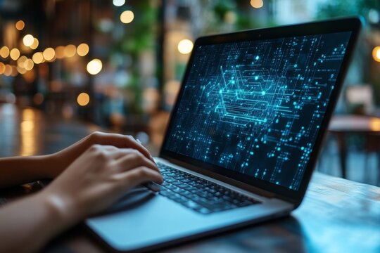 Hands typing on laptop keyboard, developing innovative futuristic software with glowing lines of code displayed on the screen