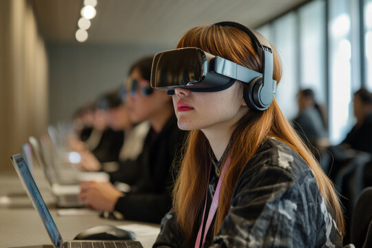 University student using vr headset and headphones, experiencing virtual reality in the metaverse during a computer lab class