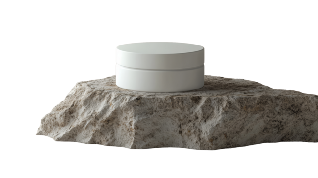 Minimalistic design showcasing circular box. A sleek white cosmetic jar placed on a textured stone surface, symbolizing natural skincare and minimalist design.