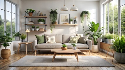 Minimalist Scandinavian home interior with a cozy atmosphere, featuring clean lines, neutral colors, and modern decor.