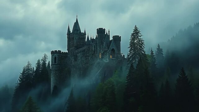 A large medieval castle sits atop a forested mountain, shrouded in fog. The Gothic architecture features turrets and windows illuminated at night,
