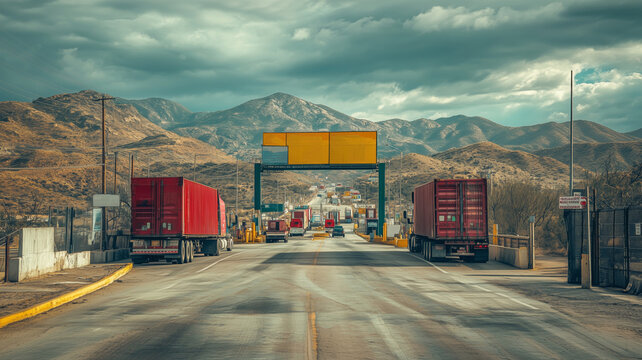 Trucks passing through a busy border checkpoint between the US and Mexico