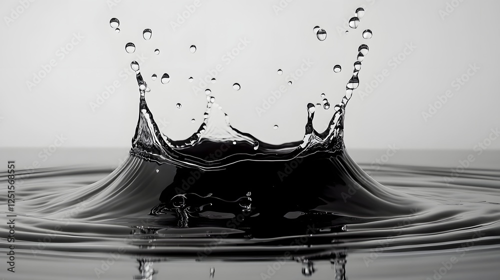 Poster Dramatic black and white photography of a powerful water splash creating dynamic ripples droplets and fluid motion effects