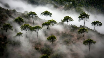 Misty Mountain Pines, Hillside Fog, Nature Scene, Travel Poster