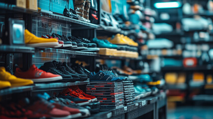 Collection of imported footwear stacked neatly in a vibrant store display