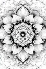 Black and white drawing of a mandala shaped like a flower with many petals, creating a visually appealing design