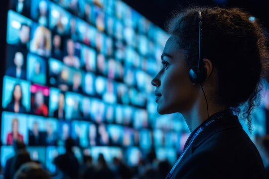 Side view of event hostess managing a large online conference with multiple participants on screen