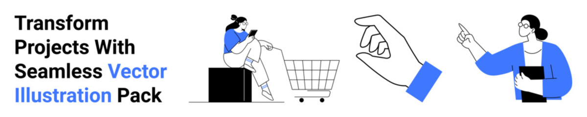 Woman browsing phone near cart, hand gesture pointing, professional discussing ideas. Ideal for e-commerce, gestures, teamwork, presentations, analytics, mobile apps flat landing page banner