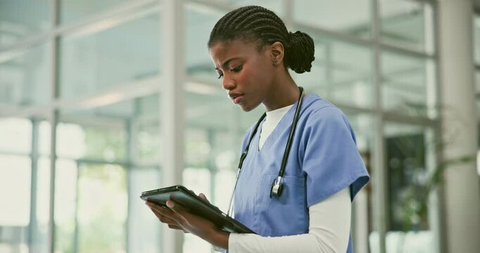 Stress, doctor and black woman with a tablet, healthcare and connection with internet, uniform and research. Typing, nurse or medical professional in a hospital, technology or employee with error 404