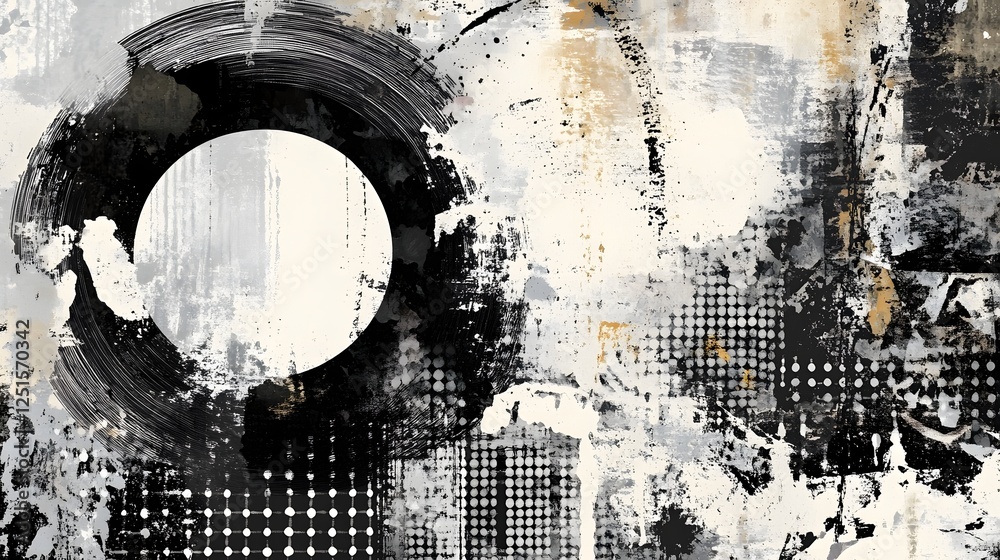 Poster Dramatic Monochrome Abstract Grunge Texture with Splashes and Overlapping Shapes