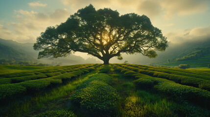 Fototapeta premium A giant tea plantation with a huge sacred tree in _001