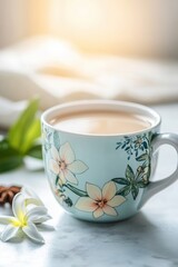 Fototapeta premium asian beverage art, bright cup of exotic asian drink sits near tropical flowers and spices on sunlit kitchen counter