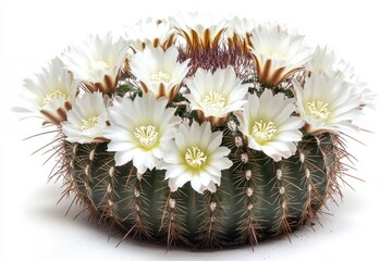 Blooming cactus showcases pristine white petals and needle like spines