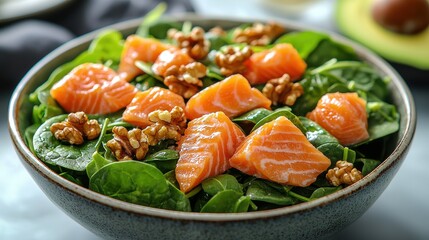 Fresh Spinach Salad with Salmon and Walnuts for Healthy Eating